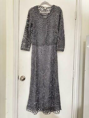 Soulmates formal beaded crocheted silk event party silver dress and jacket set